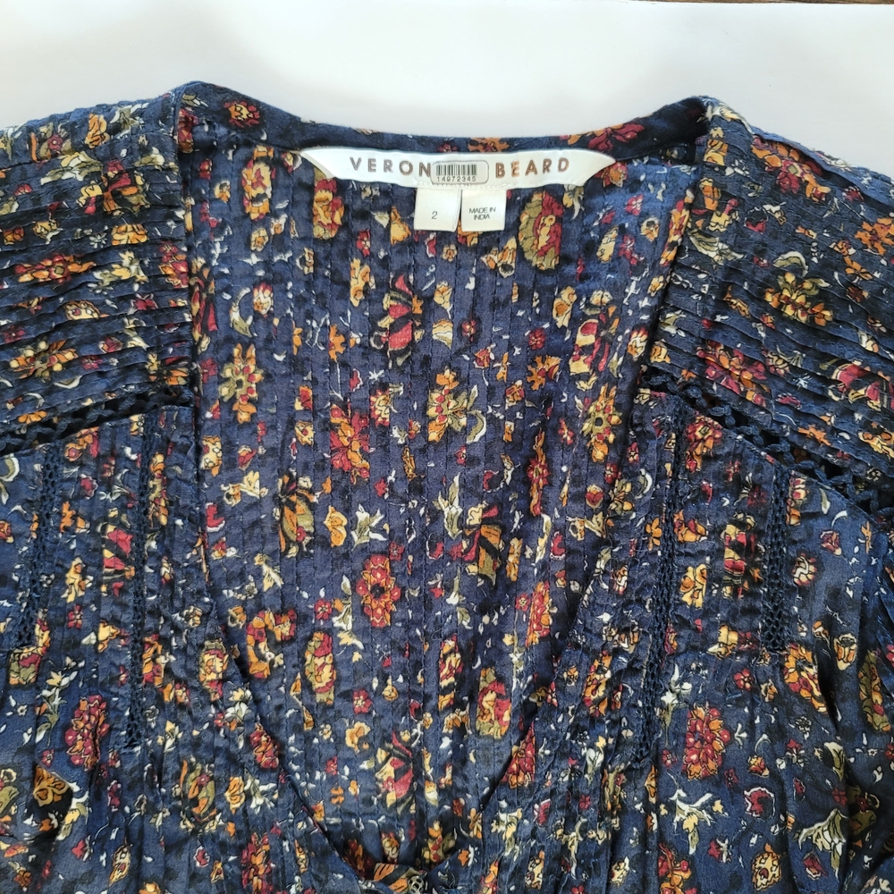 Veronica Beard Shireen Floral Print Midi Fall Autumn Dress Pintuck Lace Size 2 - Picture 11 of 15